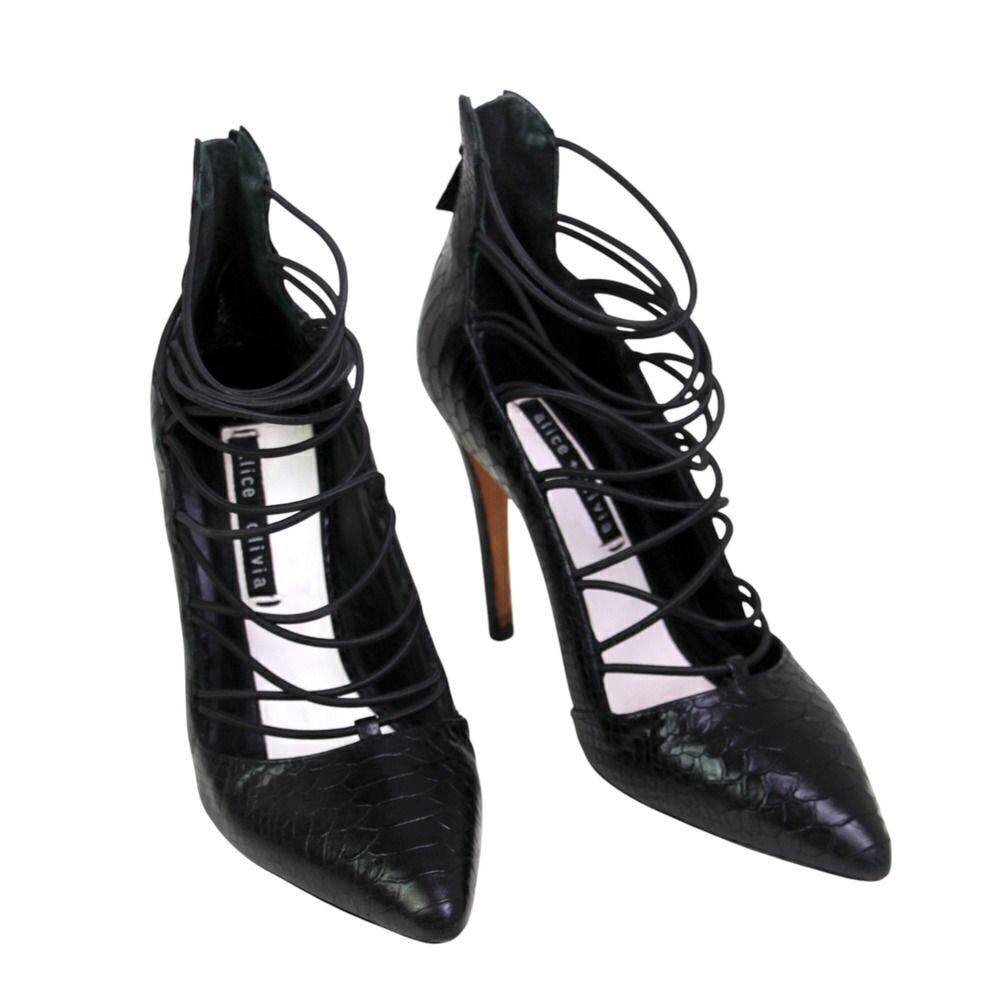 Alice + Olivia BLACK REAL LEATHER HIGH HEEL POINTED STRAPPY ZIP PUMP SHOES Sz 39